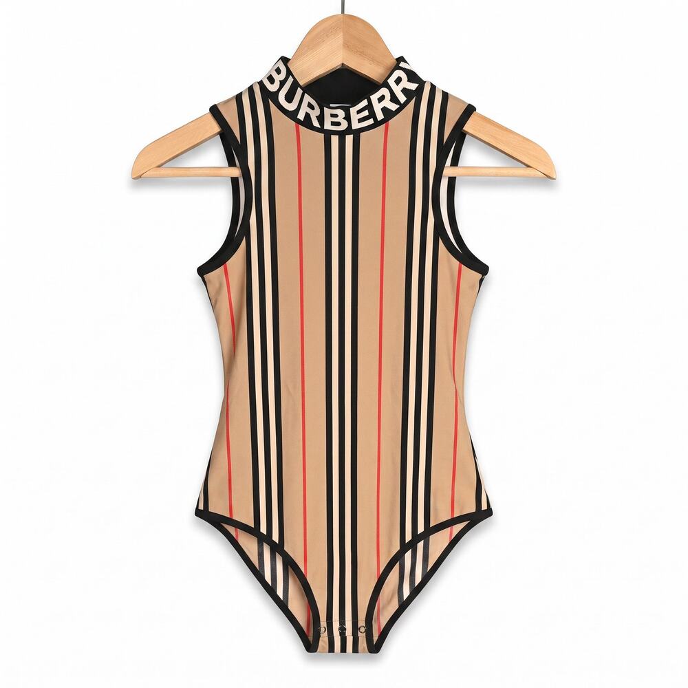 Burberry Girl Siera Logo Iconic Stripe One Piece Zip Swimsuit Size 12Y Luxury